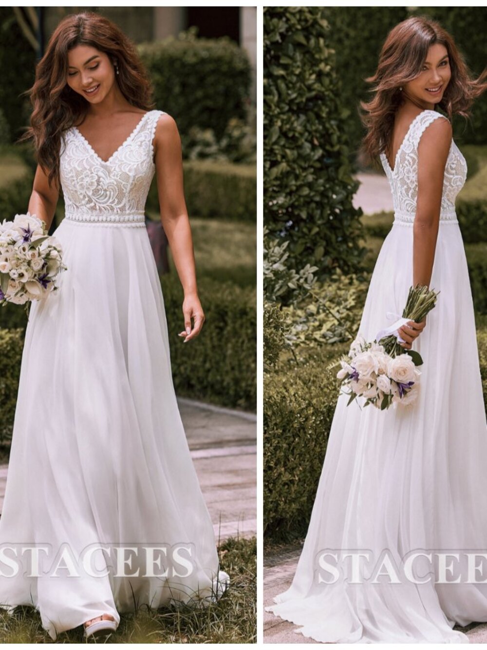 NEW Stacees 16 Ivory Illusion Lace Chiffon A Line Vneck Wedding Dress Bridal